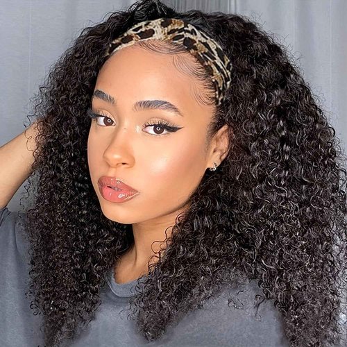 Coshgirl Kinky Curly Headband Wig Human Hair Curly Headband Wig Human Hair Machine Made Glueless None Lace Front Wig Brazilian Virgin Human Hair for Black Women Natural Color 24Inch