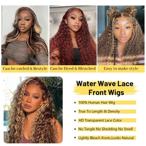 ADESORAES 26 Inch Honey Blonde Wigs Human Hair 180% Density 4/27 Highlight Ombre Lace Front Wigs 100% Human Hair Water Wave Lace Frontal Wigs Pre Plucked Wet and Wavy Curly Human Hair Wig