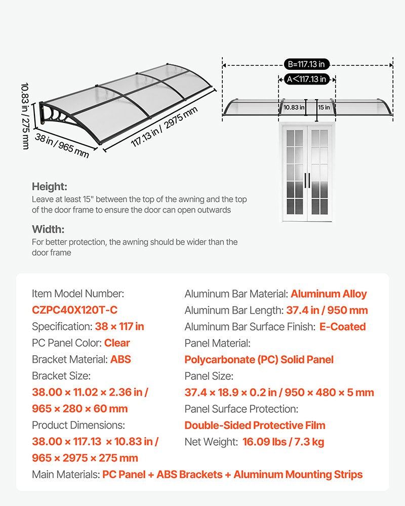Clear Polycarbonate Door Awning 38x117 Inches with Drainage & ABS Brackets for Exterior Porch Patio