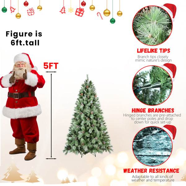 5ft Artificial Green Christmas Tree with Pine Cones & Hinged Base
