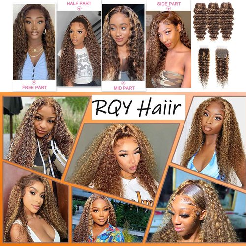 Blonde Highlight Human Hair Bundles with Closure (14 16 18+14 inch) 10a Brazilian Deep Wave Bundles Human Hair with 4X4 Free Part Closure 4/27 Ombre Brown Bundle