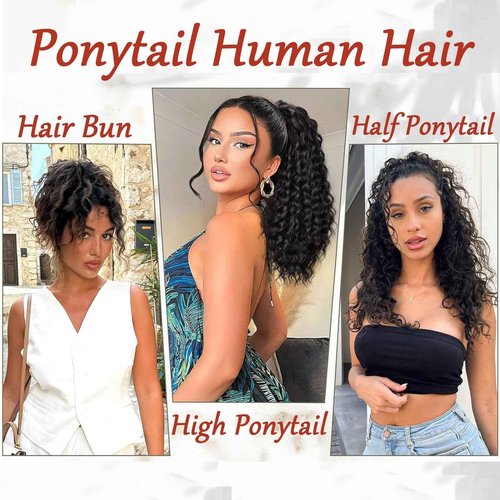 Ponytail Extension Drawstring Human Hair Clip in Pony Tail Hair Extensions for Black Women Curly Wave Thick Natural Looking Hair Pieces Water Wave Human Hair Ponytail（24Inch）