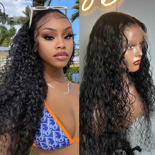 YEECHAEN Water Wave Lace Front Wigs Human Hair 180% Density 13x4 HD Lace Frontal Wigs Pre Plucked with Baby Hair Wet and Wavy Curly Frontal Human Hair Wigs for Women Natural Color (22inch)