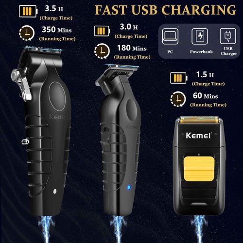 KEMEI Professional Hair Clipper and Trimmers Set, Cordless Barber Clippers, Beard Trimmer, Electric Foil Shaver with Replacement Heads, KM-2299, KM-2296, KM-1102