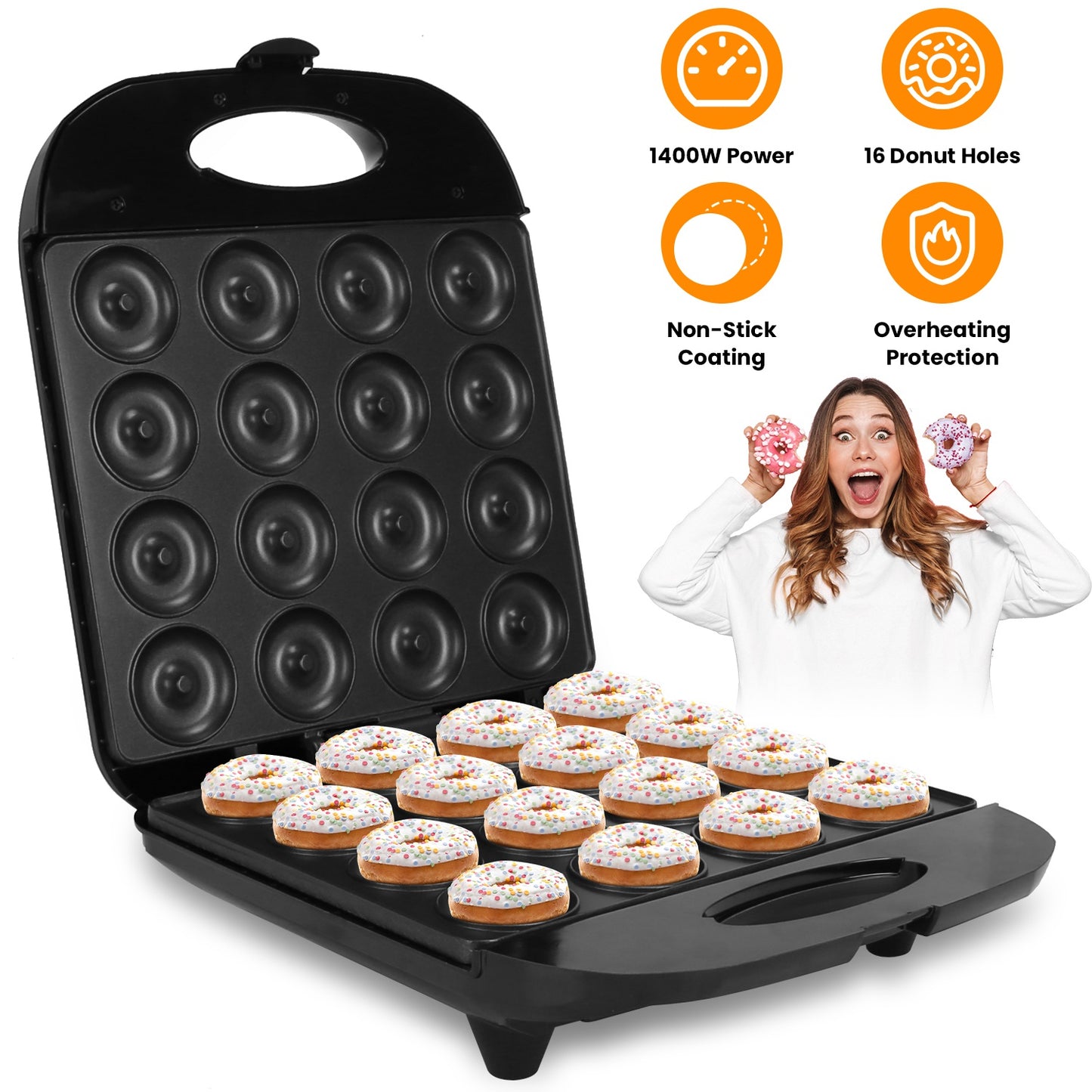 Mini Donut Maker Machine for Kids & Family, 16 Non-Stick Doughnuts, Black