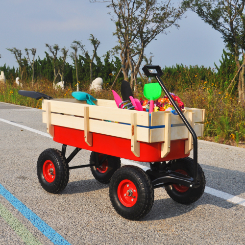 All Terrain Garden Wagon with Wood Railing and Air Tires for Outdoor Use
