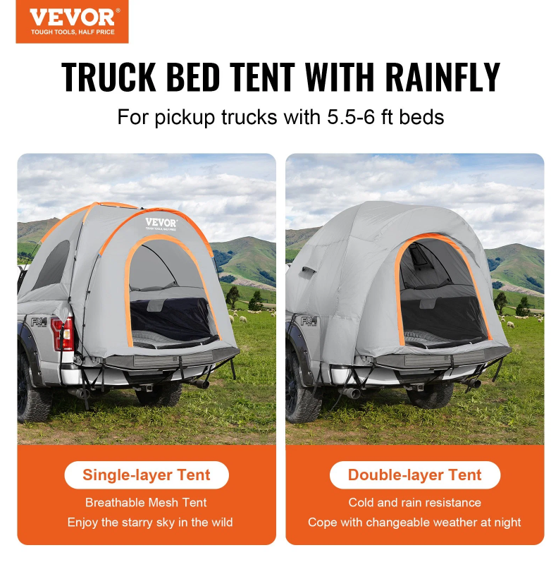 Truck Bed Tent for 5.5'-6' Pickup - Waterproof Camping Tent for 2-3