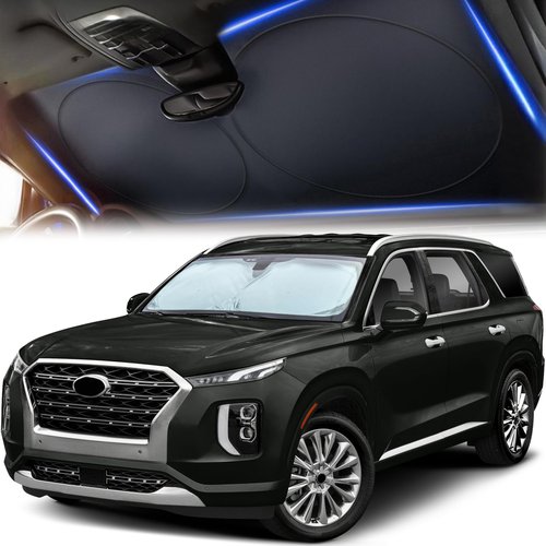 Windshield Sun Shade for Car, SUV & Truck – Patented Design Blocks 99% UV Rays & Heat | 240T Reflective Polyester Sunshade with Storage Bag | Keeps Vehicle Interior Cool | Universal Fit L(64" x 34")