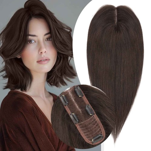 S-noilite Real Human Hair Toppers for Women - 100% Real, 2.25"x6" Lace Silk Base, 12" Dark Chocolate Brown