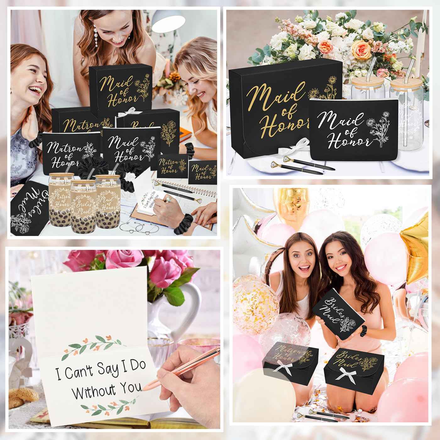 42Pack Bridesmaid Proposal Gifts,Maid of Honor Gifts Matron of Honor Gifts Including Bridesmaid Boxes,16oz Cups Makeup Bag Bracelets Diamond Pen Invitation Cards Scrunchies for Wedding (Black)