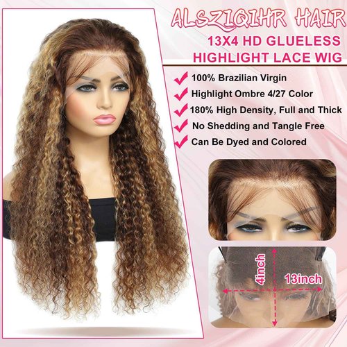 ALSZIQIHR Highlight Ombre 13x4 Lace Front Wig Human Hair Pre Plucked HD Transparent 4/27 Honey Blonde lace frontal Wigs with Baby Hair 180% Density Colored Water Wave Lace Front wig for Women 20 inch