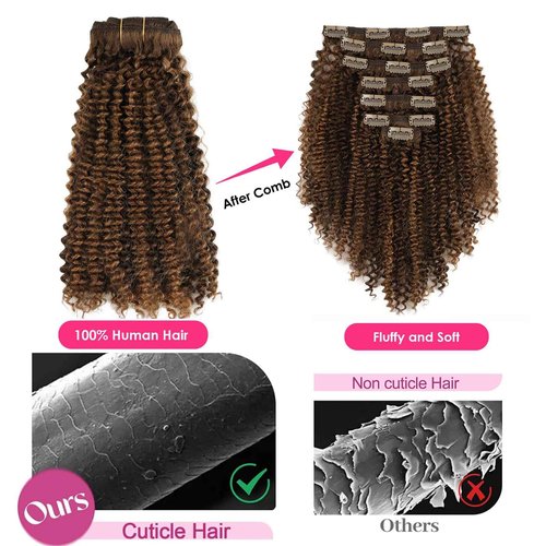 Yuniffe Curly Clip in Hair Extensions Real Human Hair Kinky Curly Clip ins Black Women #P4/27 Drak Brown Highlight Blonde Remy Human Hair Extensions Double Weft 7Pcs 120g 20 Inch