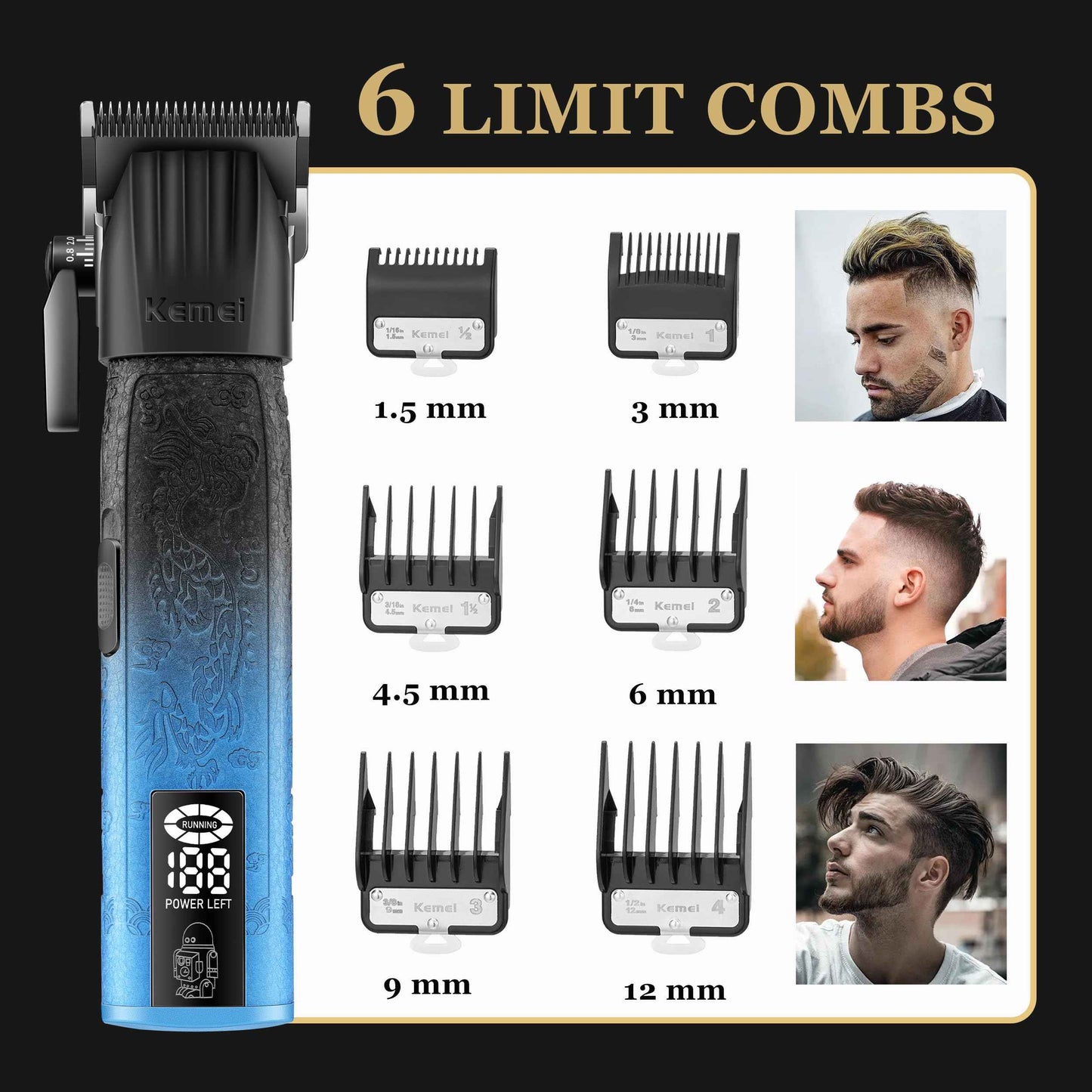 KEMEI 8550 Professional Hair Clippers for Men, Cordless Barber Clippers with LED Display, 9000 RPM Hair Trimmer with Ceramic & Powder Metallurgic Blades, 2500 mAh Hair Clipper for Barbers Haircut Kit