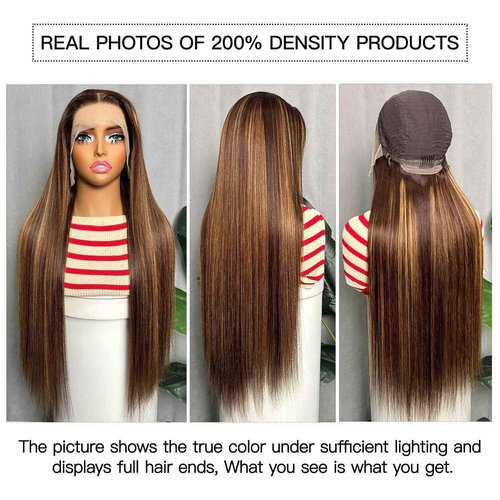 IWISH Ombre Lace Front Wig Human Hair 20 Inches 200% Density 13x6 Straight Highlight Lace Frontal Human Hair Wigs P4/27 Colored Wigs for Women