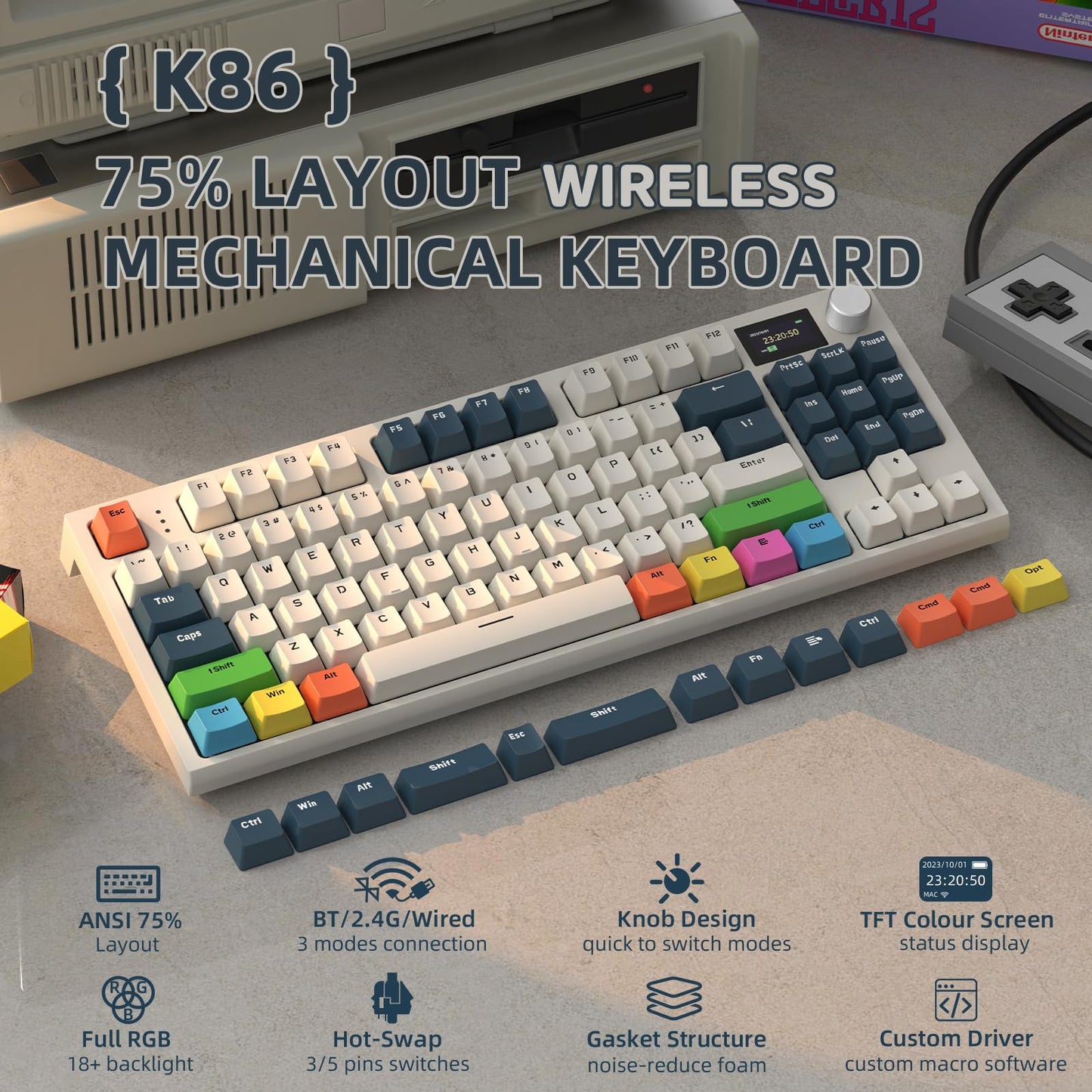 RK86 Mechanical Keyboard, 2.4G Wireless/BT5.0/USB-C Wired Gaming Keyboard 75% Layout TKL 87 Key with 1.2'' TFT HD Color Display & CNC Knob, 27 RGB Backlit TTC Hot-Swap Linear Switch PBT Keycap