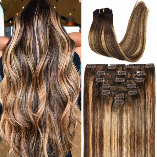 Savasana Clip in Hair Extensions Real Human Hair Straight 7 Pcs Balayage Clip in Hair Extensions Double Weft Thick Chocolate Brown to Caramel Blonde 22 Inch 120g