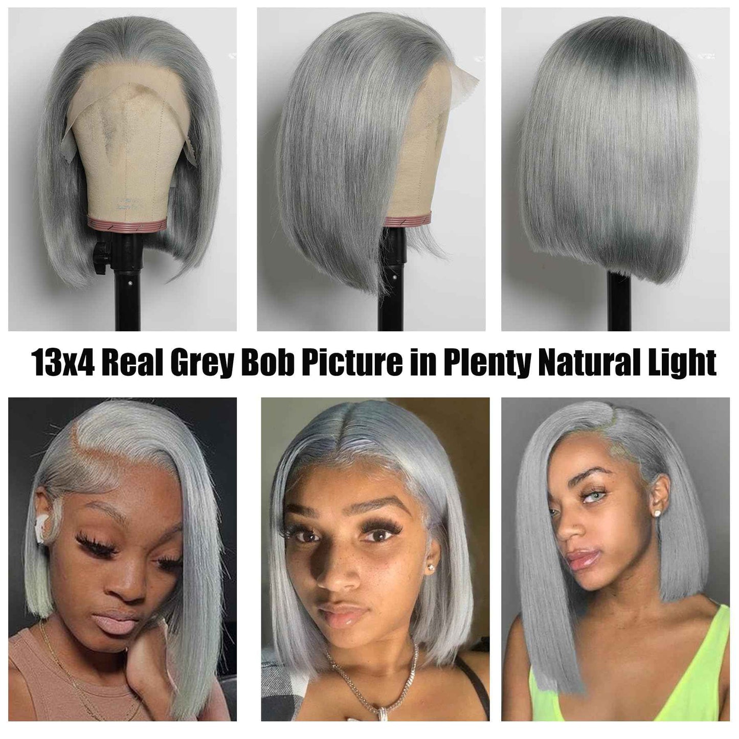 GIRLOFDREAMS Grey Colored Bob Wig Human Hair 13x4 Straight Lace Frontal Wigs Glueless 180 Density Pre Plucked with Baby Hair Short Brazilian Remy Gray Color Hair Transparent Front Wigs for Black Women