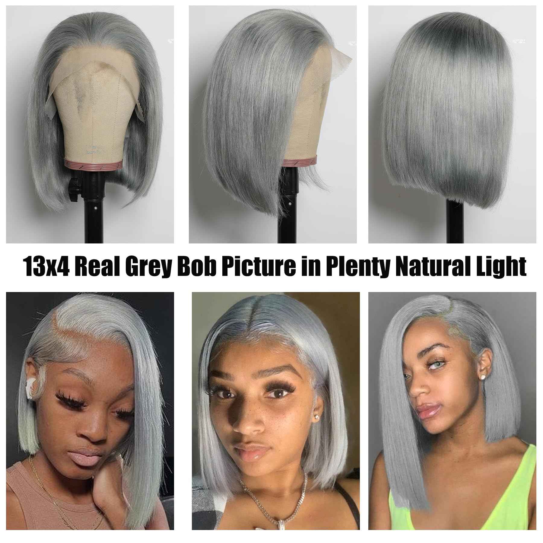 GIRLOFDREAMS Grey Colored Bob Wig Human Hair 13x4 Straight Lace Frontal Wigs Glueless 180 Density Pre Plucked with Baby Hair Short Brazilian Remy Gray Color Hair Transparent Front Wigs for Black Women