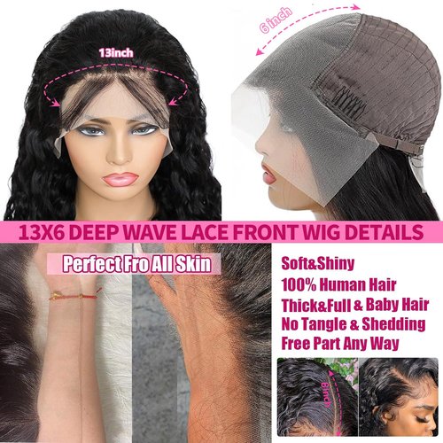 Kucmir 26 Inch Deep Wave Lace Front Wigs Human Hair Pre Plucked 13x6 Lace Front Wigs Human Hair Wigs for Women Frontal Wigs Human Hair with Baby Hairline