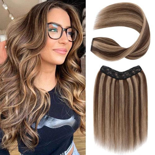 S-noilite One Piece Clip in Hair Extensions Human Hair Balayager One Piece/5 Clips 3/4 Full Head V Part Weft Thicker Hair Lace Net One Piece Hair Extensions(22"-70g,#Medium Brown/Dark Blonde)