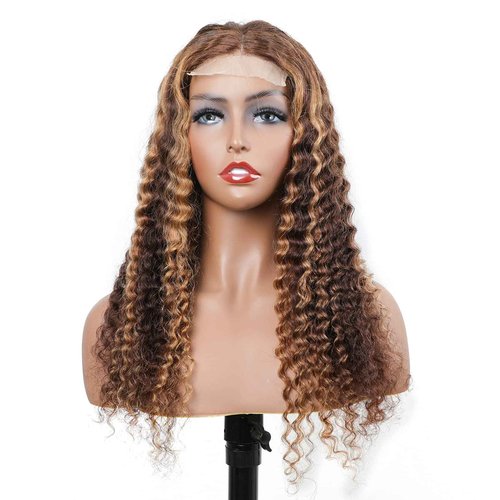 BLY Highlight Human Hair Lace Front Wigs Deep Wave #4/27 Ombre Colored Glueless Wigs Pre Plucked 20 Inch 4x4 Transparent Curly Water Wave Lace Wig Honey Blonde Real Human Hair 180% Density