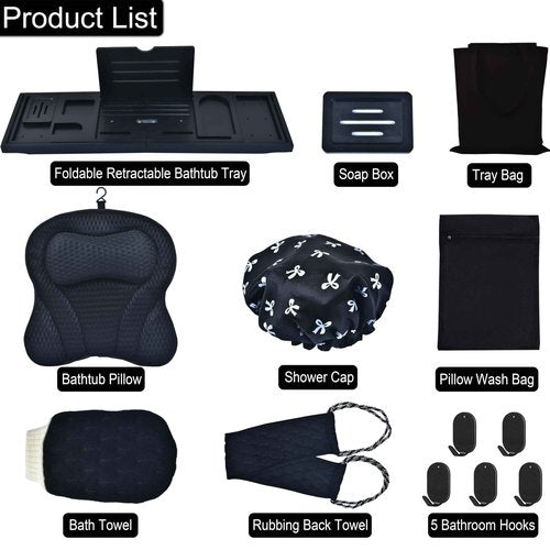 Bathtub Trays and Tub Pillow for Bathtub, Expandable Folding Bath Tray, with Black Soapbox, 2 Bath Towels, Shower Cap, Storage Bag, Bathroom Hooks, Uniform Black Accents for Your Bathtub