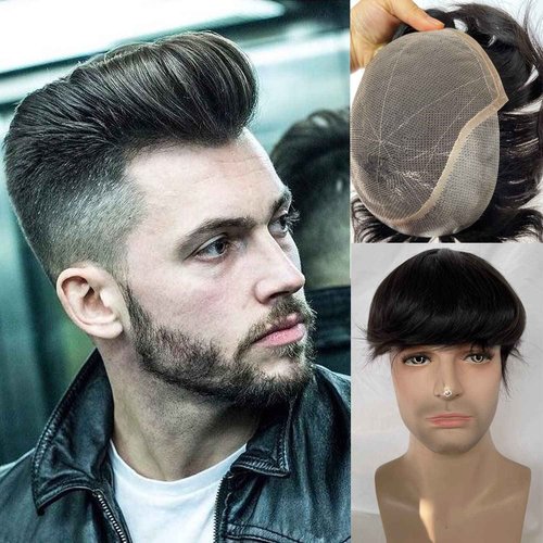 Voloria Men's Hairpiece European Human Hair Toupee 10x8inch HD Swiss Lace Super Thin Skin Back Hair Replacement Wig Natural Black Color