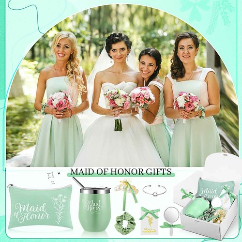 FineCheer 48 Pcs Bridesmaid Proposal Gifts Maid of Honor Proposal Gift Include Box Tumblers Makeup Bag Scrunchie Hair Clip Bracelet Card Mirror for Bridal Shower Bachelorette Party(Green)