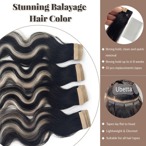 Tape in Hair Extensions Human Hair 26 Inch Body Wave Natural Black Hair Balayage Silver Grey Highlights Hair Extensions Real Human Hair Tape ins for Black Women 20 PCS Double Sided Tape Hair 50G