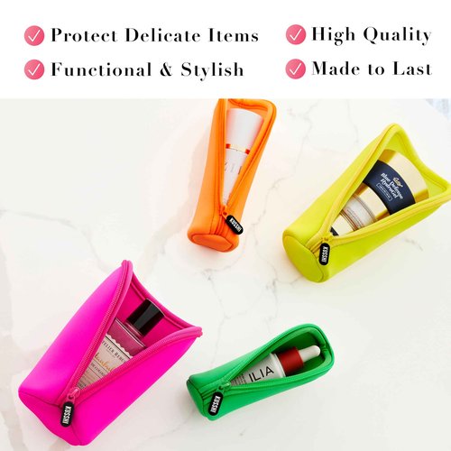 KUSSHI Neoprene Mini Makeup Pouch Set for Purse and Travel - 4 Small Travel Pouches for Delicate Bottles and Beauty Items - For Foundations, Serums, Perfumes and More (4 Pack - S, M, L, XL)