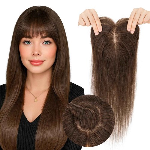 SEGOHAIR Real Human Hair Toppers for Women 3.54"*4.72" Silky Base 150% Density With Bangs Adjustable Parting Clip-In Topper Hairpieces for Women with Thinning Hair 10 Inches Dark Brown