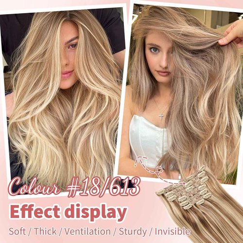 DIYOMO human hair clip in extensions Soft&Natural 120g 7pcs hair extensions real human hair clip insHair Straight&Invisible (18 Inch, 18/613)