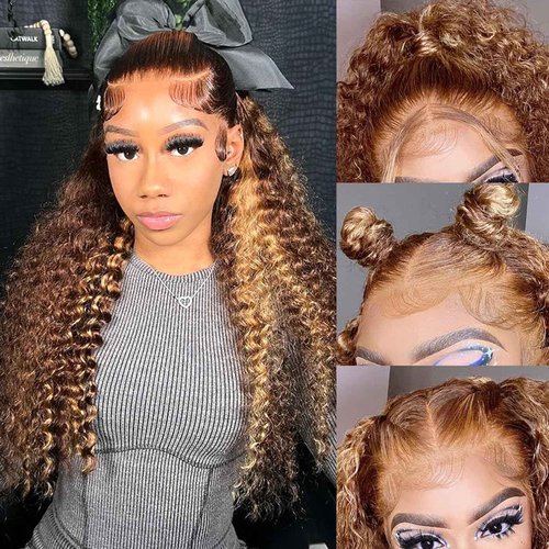 26inch 13x6 Lace Front Wigs Human Hair 4/27 Ombre deep Wave Lace Front Wigs Honey Blonde Curly Human Hair Wig HD Lace Frontal 180 Density