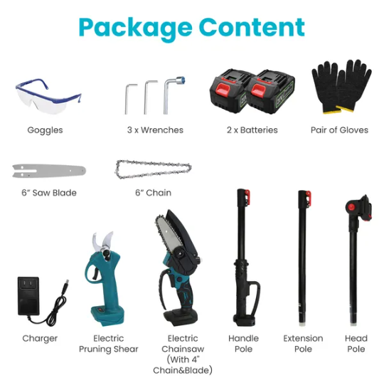4-in-1 Cordless Garden Pruning Shear & Chainsaw Set with Extension Poles