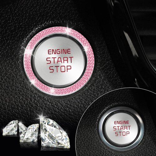 LivTee 2 PCS Crystal Double Rhinestone Car Engine Start Stop Decoration Ring, Bling Car Interior Accessories for Women, Push to Start Button Cover Sticker, Automotive Decals, Pink