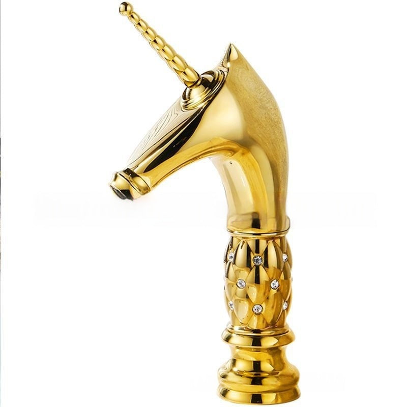Copper Gold Horse-Head Basin Faucet with Diamond Accents - Light Luxury Bathroom Tap