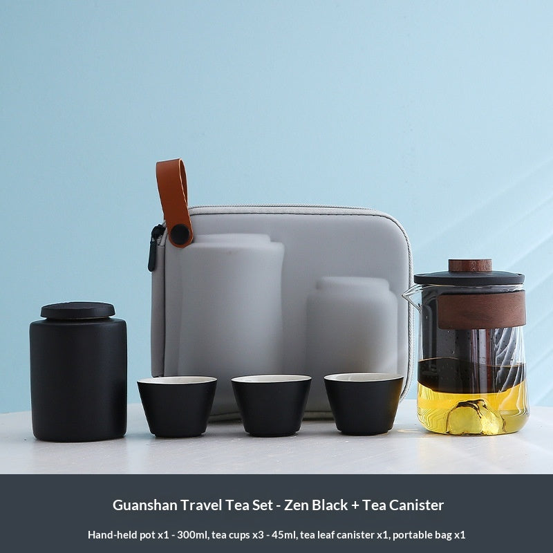 Outdoor Travel Tea Set with Canister Tray & Caddy - Portable Ceramic Tea Kit