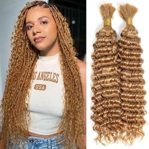Fabimiya Deep Curly Braiding Human Hair 100g 20 Inch Color 27 Honey Blonde Deep Water Wave Bulk Human Hair for Braiding 10A No Weft Brazilian Virgin Deep Curly Human Hair Extensions for Boho Braids