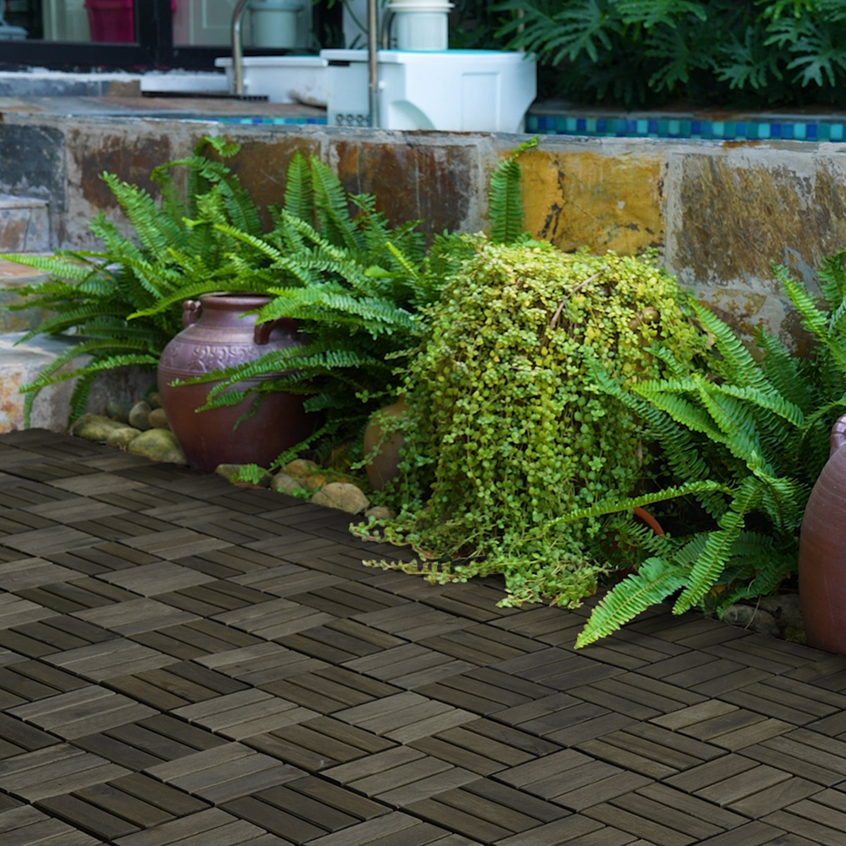 Interlocking Acacia Wood Deck Tiles 30 pcs 12x12 Inches Outdoor Flooring - Dark Brown