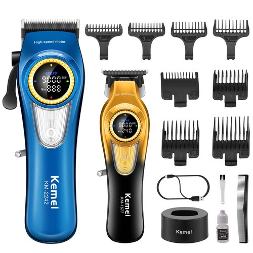 KEMEI Professional Hair Clippers for Men, Cordless Barber Clippers with LED Display and Charging Base, T-Blade Hair Trimmer, KM-2242 Blue, KM-1677