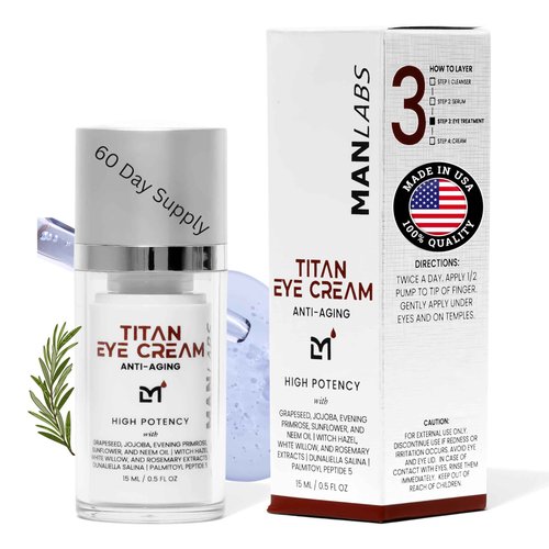 Man Labs Titan Anti-Aging Mens Eye Cream – Mens Dark Circles Under Eyes Treatment – Eye Bags Treatment for Men – Puffy Eyes Treatments for Men – Peptides, HA, Herbal Extracts –All Skin Types–Unscented