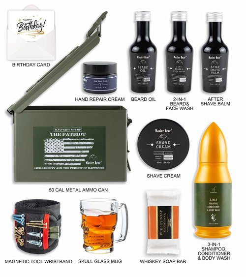Master Bear Birthday Gifts for Men | 50 Cal Metal Ammo Cans Box Shaving Grooming Set Collection for Him with Happy Bday Card…