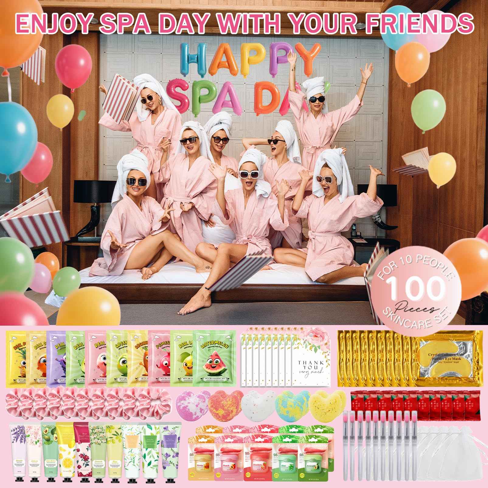 100 PCS Spa Party Supplies for Girls & Women, Facial Masks-Hand Cream-Lip Balm-Bath Bomb-Eye Mask-Compressed Towel-Hair Ties-Lip Brush-Organza Bag-Greeting Card, Sleepover Party Supplies for Girls