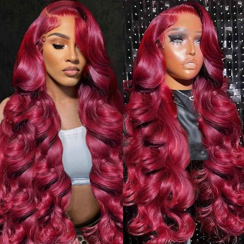 ZGBZGB 99j Burgundy Lace Front Wigs Human Hair 13x4 HD Transparent Body Wave Lace Front Wigs Human Hair Pre Plucked 180% Density Glueless Red Human Wigs for Women (24 Inch)