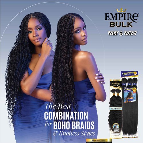 Sensationnel Empire bulk braiding – wet and wavy french 18 inch human hair braids for knotless boho box or curly loose wave styles (18 inch, 1B OFFBLACK)