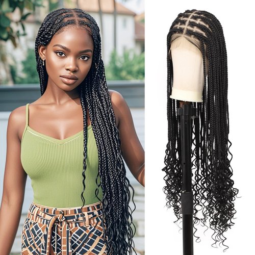 Fecihor 13x8 Inch HD Lace Front Box Knotless braided Wigs With Baby Hair Braided Wig For Women With Boho Curly Ends Black Premium Synthetic 36 Inch