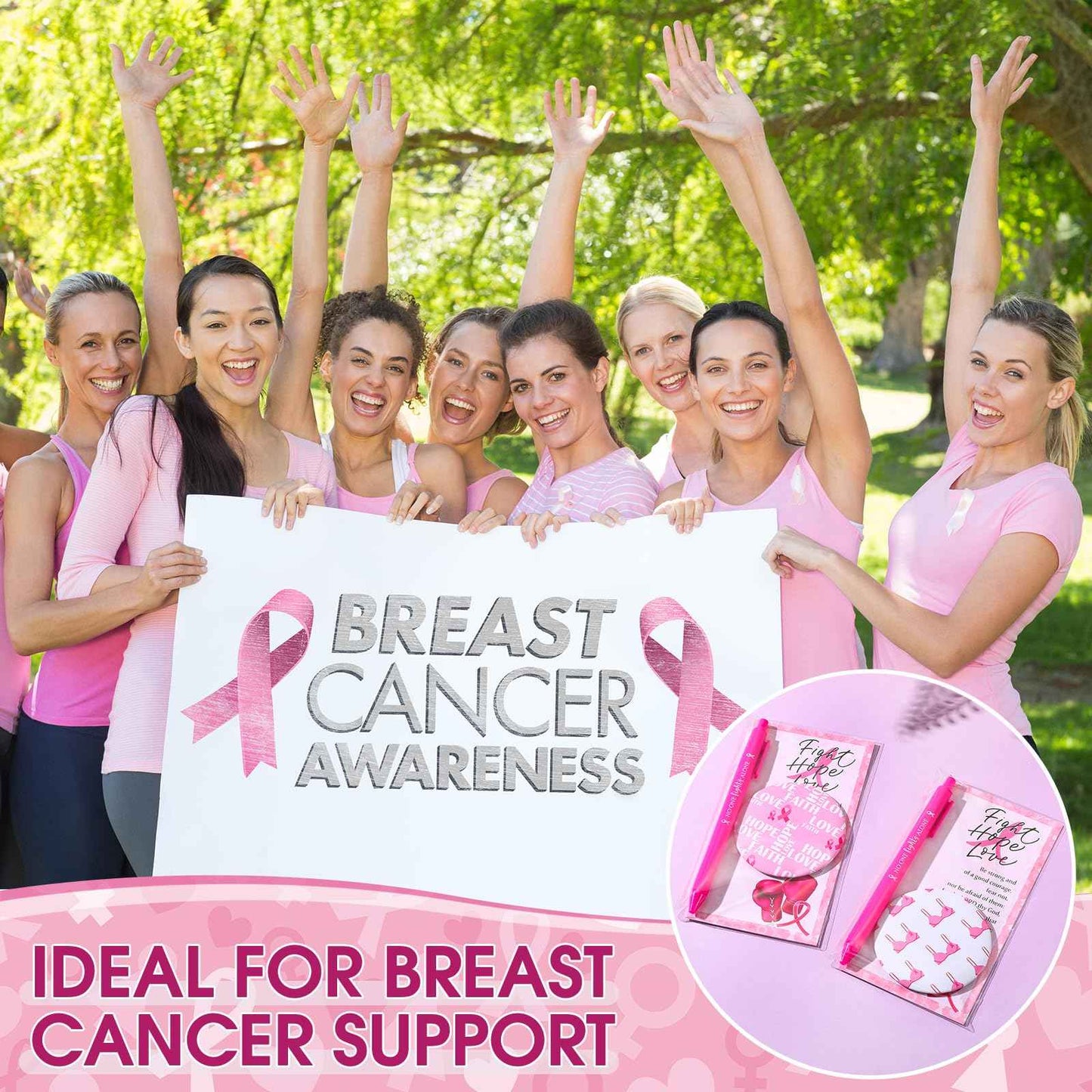 Pinkunn 100 Sets Breast Cancer Awareness Accessories Bulk Breast Cancer Gift for Women Compact Mirrors with Pink Ribbon Boxing Glove Design, Ballpoint Pens, Motivational Cards Charity Party Favors