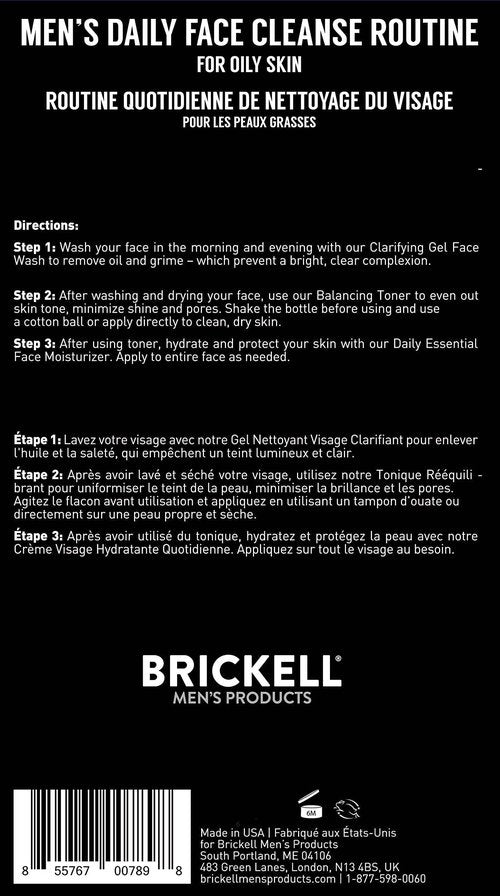 Brickell Men's Daily Face Cleanse Routine for Oily Skin, Alcohol Free Toner, Gel Facial Wash and Moisturizer, Natural and Organic, Scented