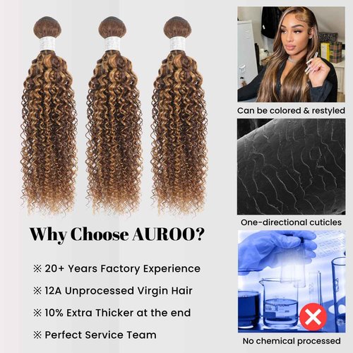 AUROO Honey Blonde Highlight Tight Kinky Curly 3 Bundles With 4x4 HD Transparent Lace Closure Human Hair P4/27 Ombre Brown Thick Tracks 12A 100% Virgin Brazilian Curly Bundles with Closure 10 12 14+10
