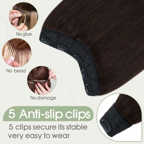 S-noilite One Piece Clip in Hair Extensions Human Hair One Piece/5 Clips 3/4 Full Head V Part Weft Thicker Hair Lace Net One Piece Hair Extensions Clip in Human Hair (16"-65g,#02 Dark Brown)
